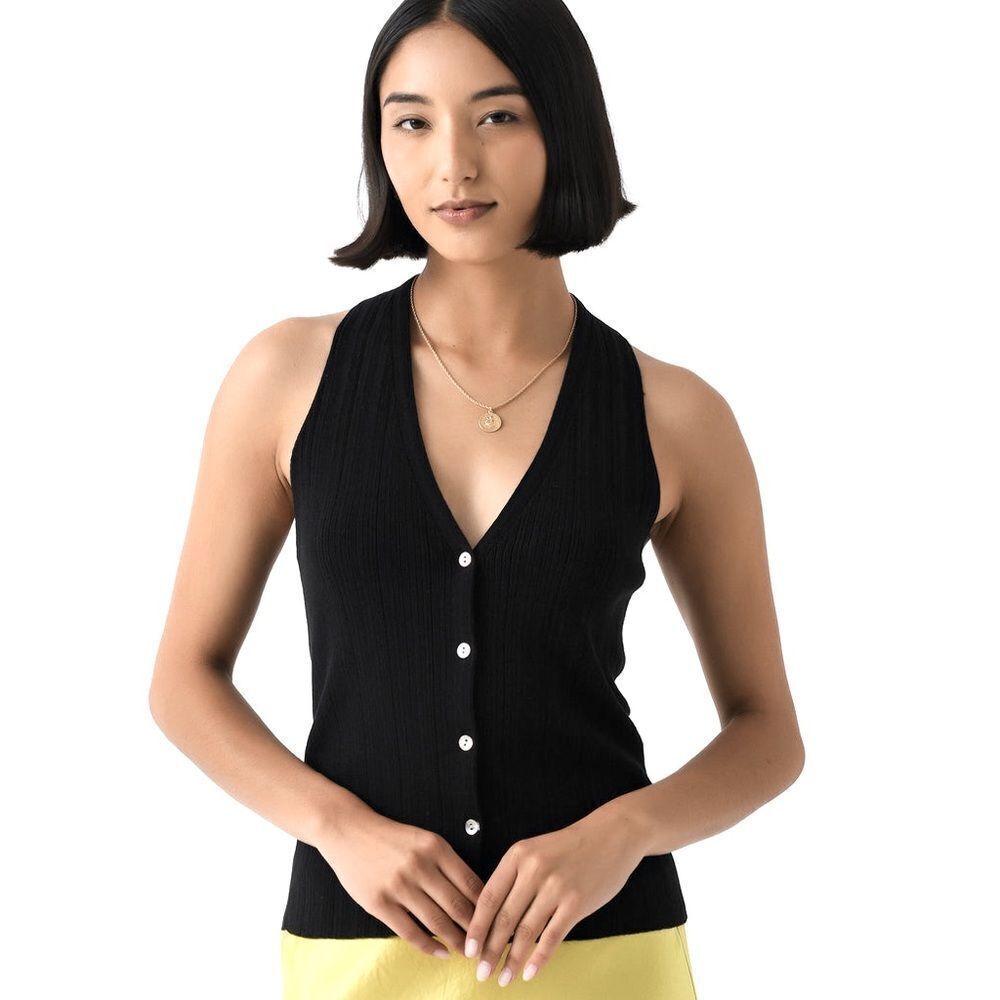 Vince Women's Italian Cotton-Blend Button V-Neck Tank Top Size Medium | Black